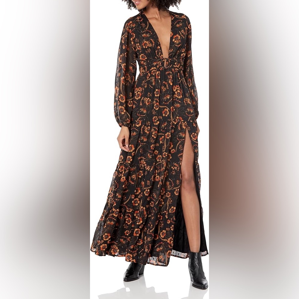 ASTR the label | NWOT sz lrg. Sparkly Floral Maxi Dress in Black/orange, low v